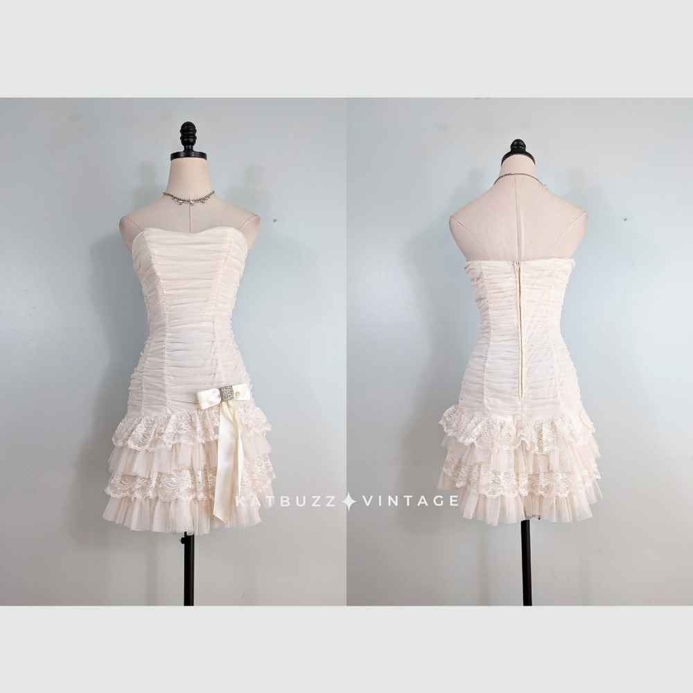 Vtg Prom Dress Mini Gown M Cream Ivory Y2K Lace Bow Coquette Hoco Grad Bride
